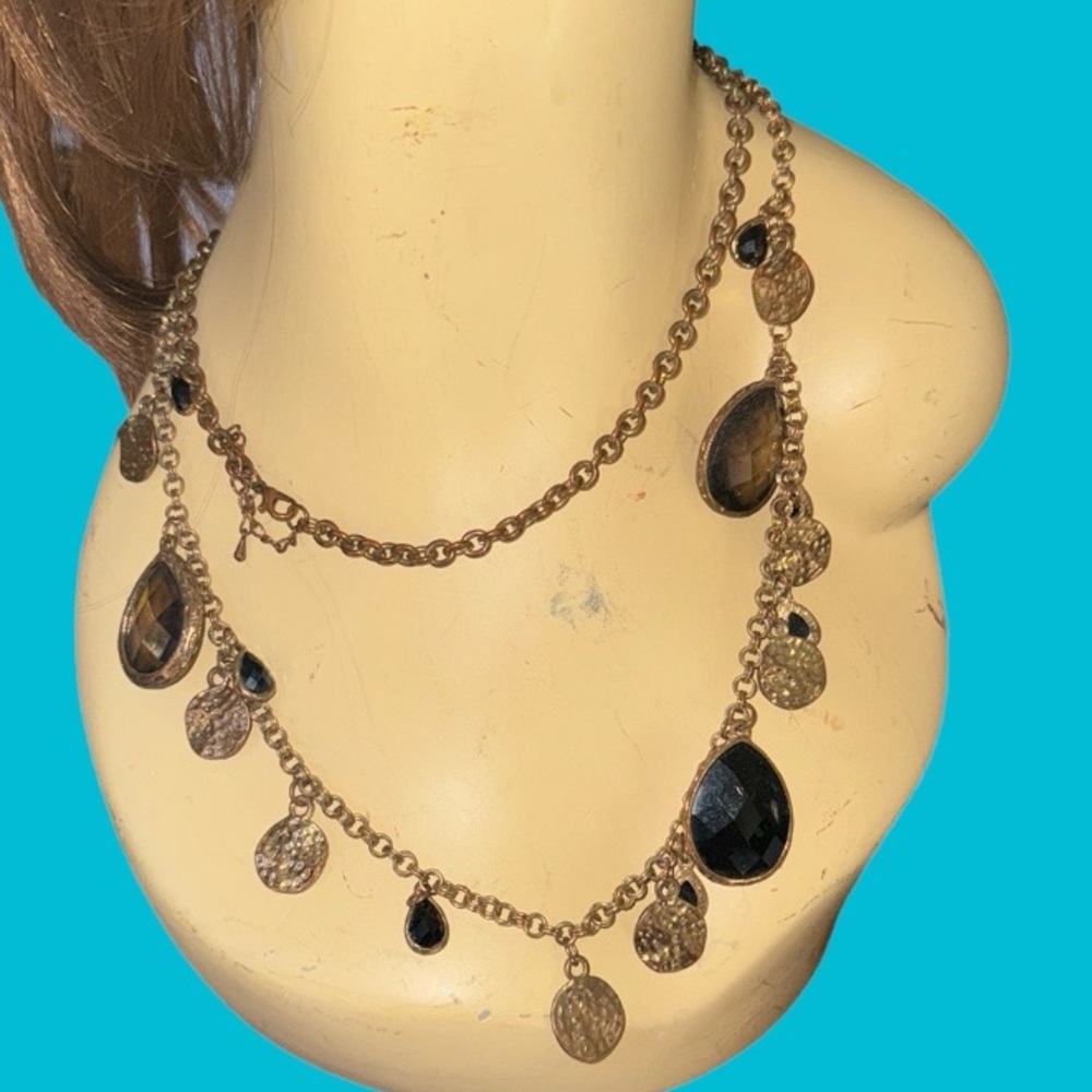 LAYERING BLACK HAMMERED GOLD METAL LONG‎ NECKLACE